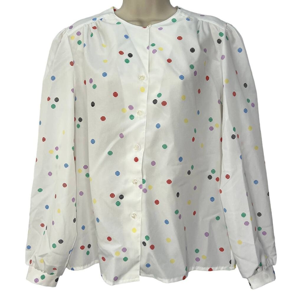 Vintage Lady Arrow Mistique Long Sleeve Blouse White Multi Dots 80s Size M
